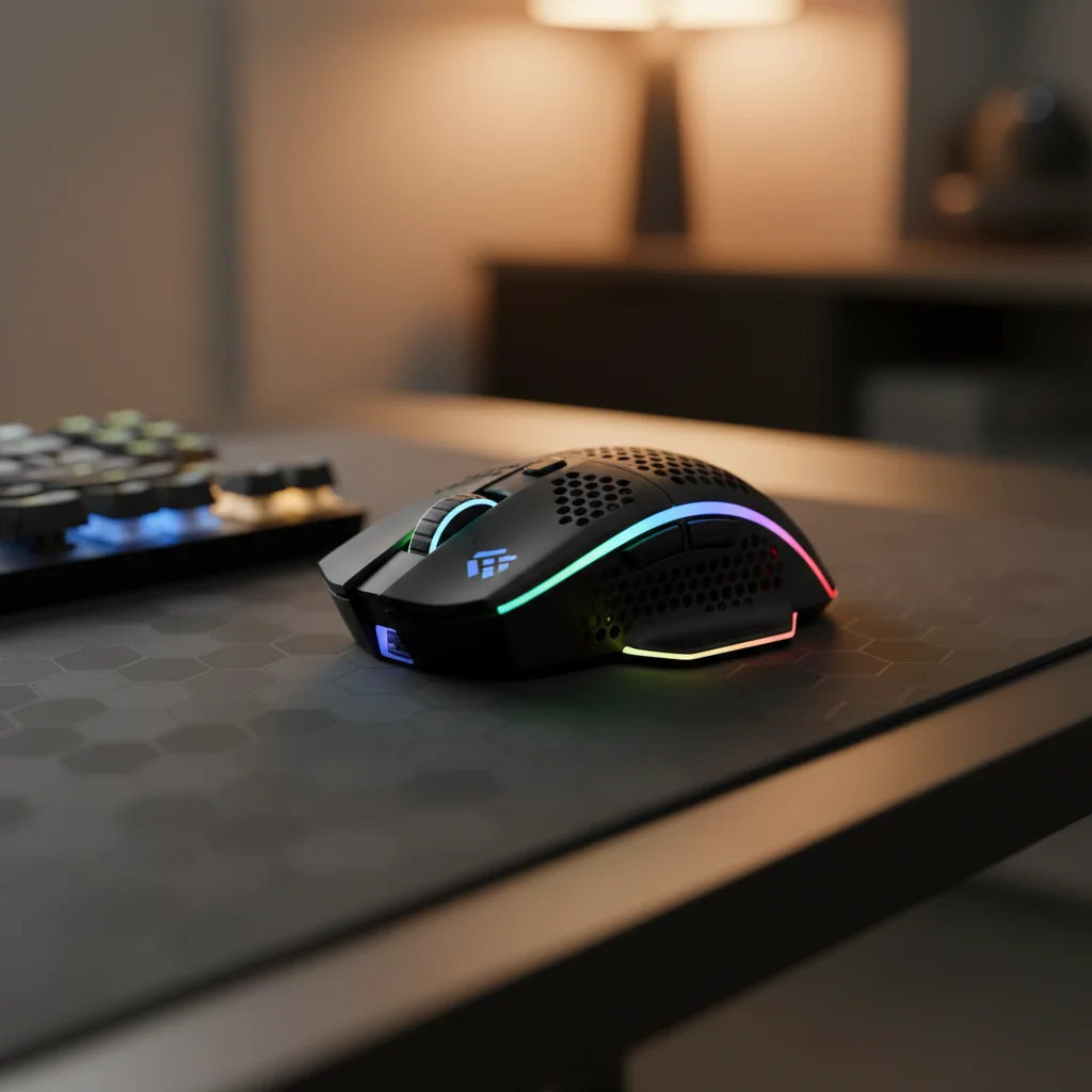 A modern, ergonomic gaming mouse with LED lighting, placed on a dark, sleek gaming desk alongside a keyboard, illustrating the concept of high performance on a budget.