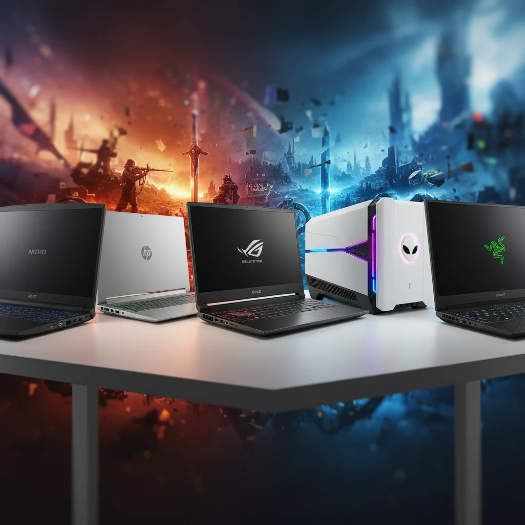 A collage of diverse gaming laptops arranged from sleek, budget-friendly models to solid, high-end devices, set against a blurred background of gaming graphics, showcasing the variety of options.
