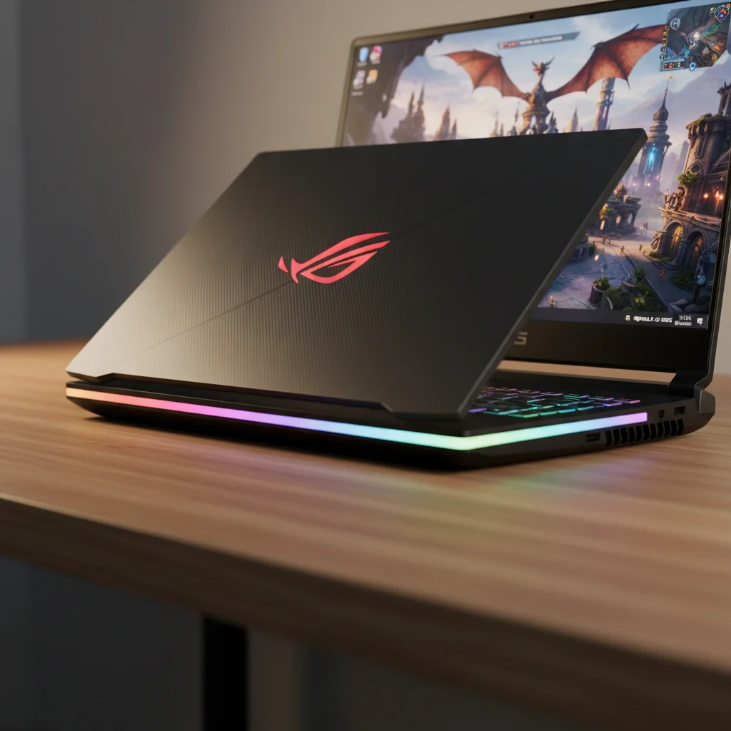 A close-up of the "ASUS ROG Strix G15" gaming laptop from an artistic angle, showcasing its distinct RGB light bar around the base, the textured lid, and a game with rich QHD graphics on the screen.