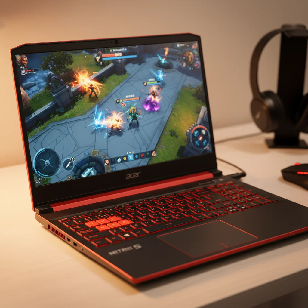 A focused shot of the "Acer Nitro 5" gaming laptop from a slightly elevated angle, showcasing its red-accented keyboard and a vibrant gaming screen displaying an esports title, emphasizing its entry-level gaming appeal.