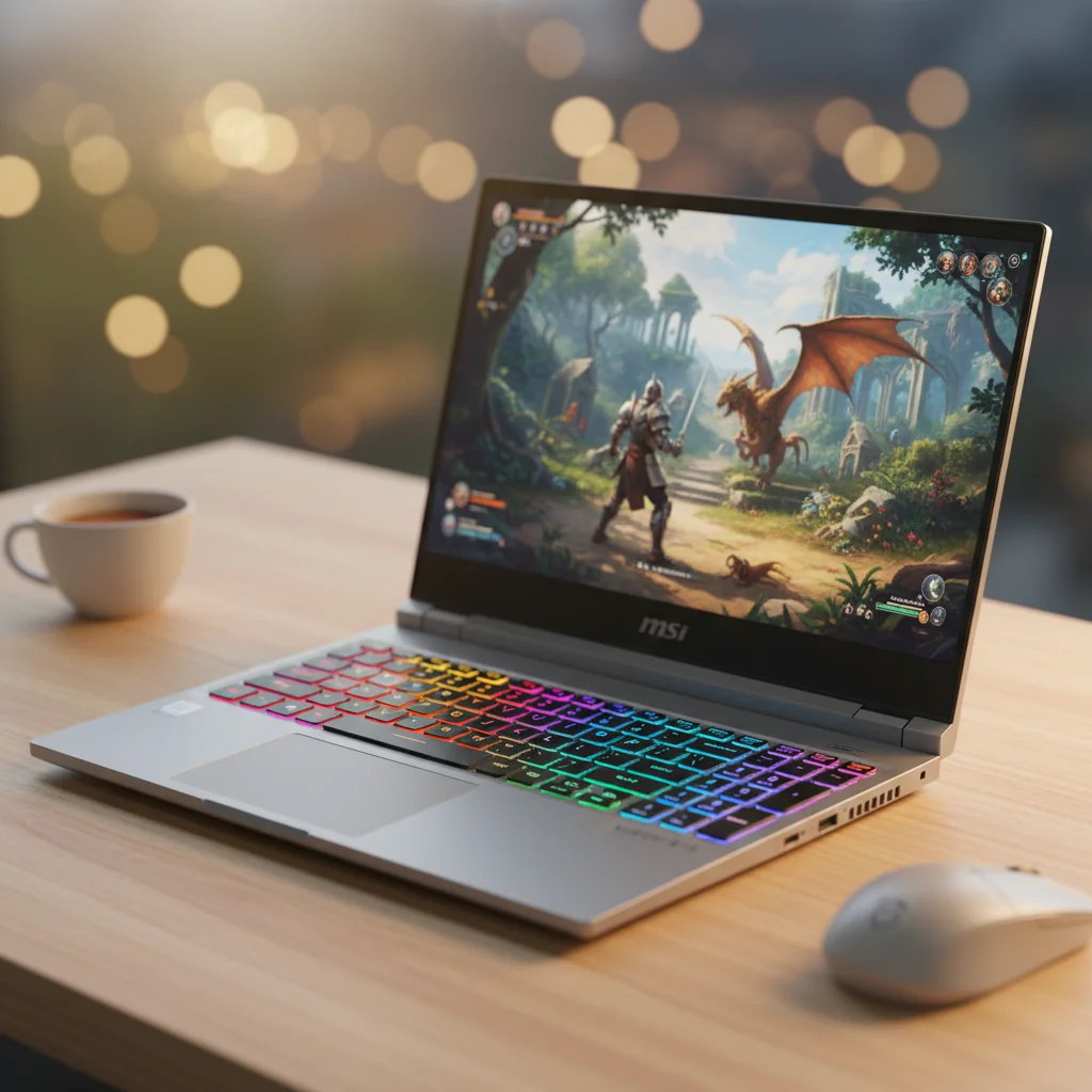 A sleek, professional shot of the "MSI Katana 15" gaming laptop opened on a desk, highlighting its clean chassis design, RGB keyboard, and a high-resolution game screenshot on the display.