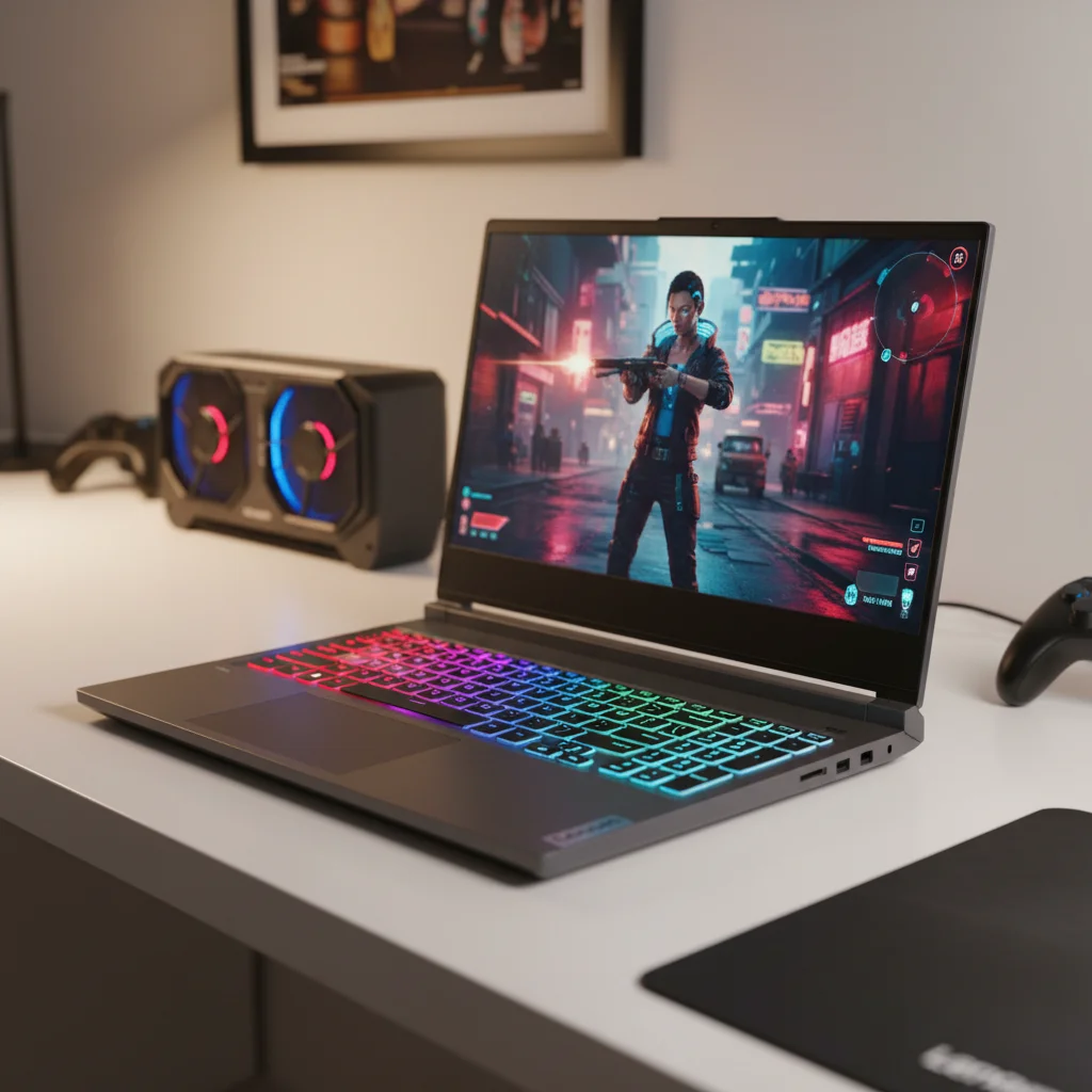 A dynamic shot of the "Lenovo Legion 5" gaming laptop, angled to showcase its clean lines, RGB keyboard, and the rear vents, implying its powerful cooling capabilities, with a demanding game running on screen.