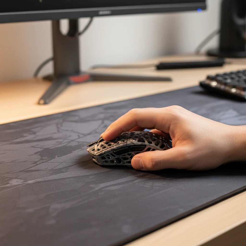 An action shot of a gamer using the Finalmouse Ultralight X mouse intensely during a competitive FPS match, displaying its agility and precision in motion on a mousepad, with the gamer's focused hand in the foreground.
