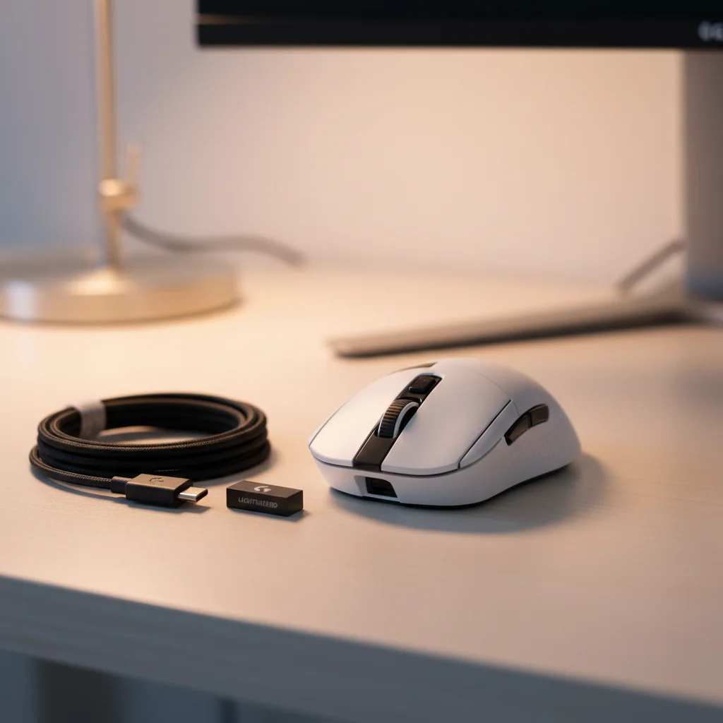 A clear, professionally lit shot of the Superlight 2 with its USB-C cable and LIGHTSPEED receiver neatly arranged beside it, emphasizing its connectivity.