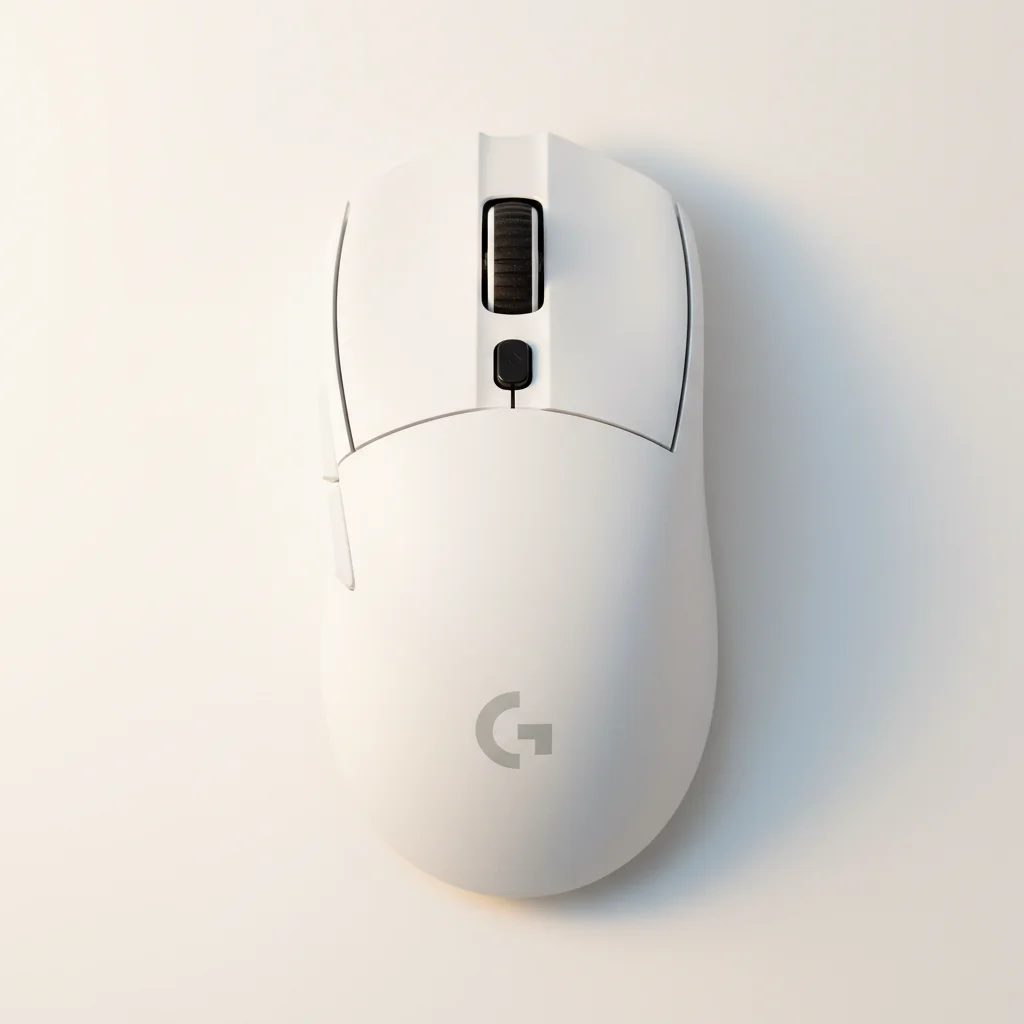 An overhead shot of the Logitech G Pro X Superlight 2, highlighting its symmetrical, ultralight design and the placement of its main and side buttons, on a clean white background.