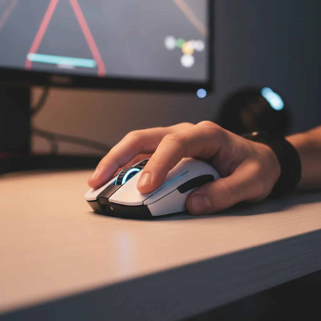 A dynamic action shot of a hand gripping the Superlight 2 during an intense gaming session, demonstrating its use in a competitive esports context with subtle LED lighting.