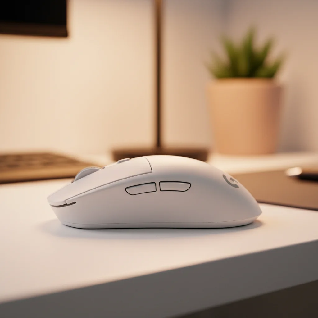 A detailed side-profile shot of the Logitech G Pro X Superlight 3 gaming mouse, showcasing its smooth, matte white shell and the subtly integrated side buttons.