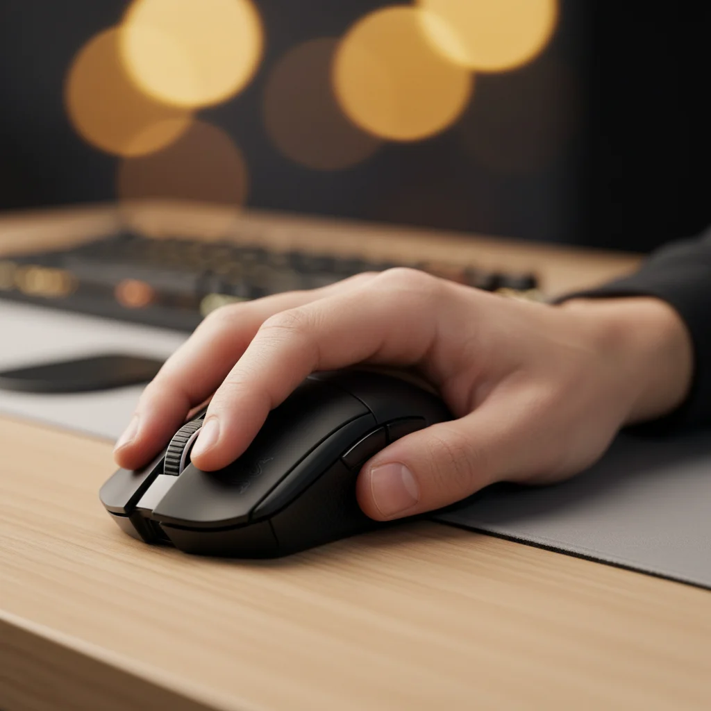 A close-up shot of a hand with a claw grip holding the Razer Viper V3 Pro mouse, demonstrating its comfortable ergonomics and natural fit for precision control.