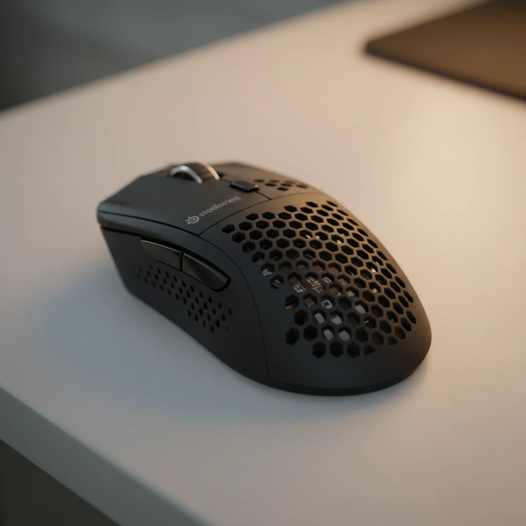 A top-down, clean studio shot of the black SteelSeries Aerox 5 Wireless gaming mouse, highlighting its perforated shell and ergonomic shape.