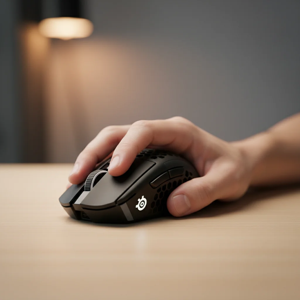 A human hand in a palm grip holding the it mouse, showing how its ergonomic shape naturally conforms to the hand for comfort.
