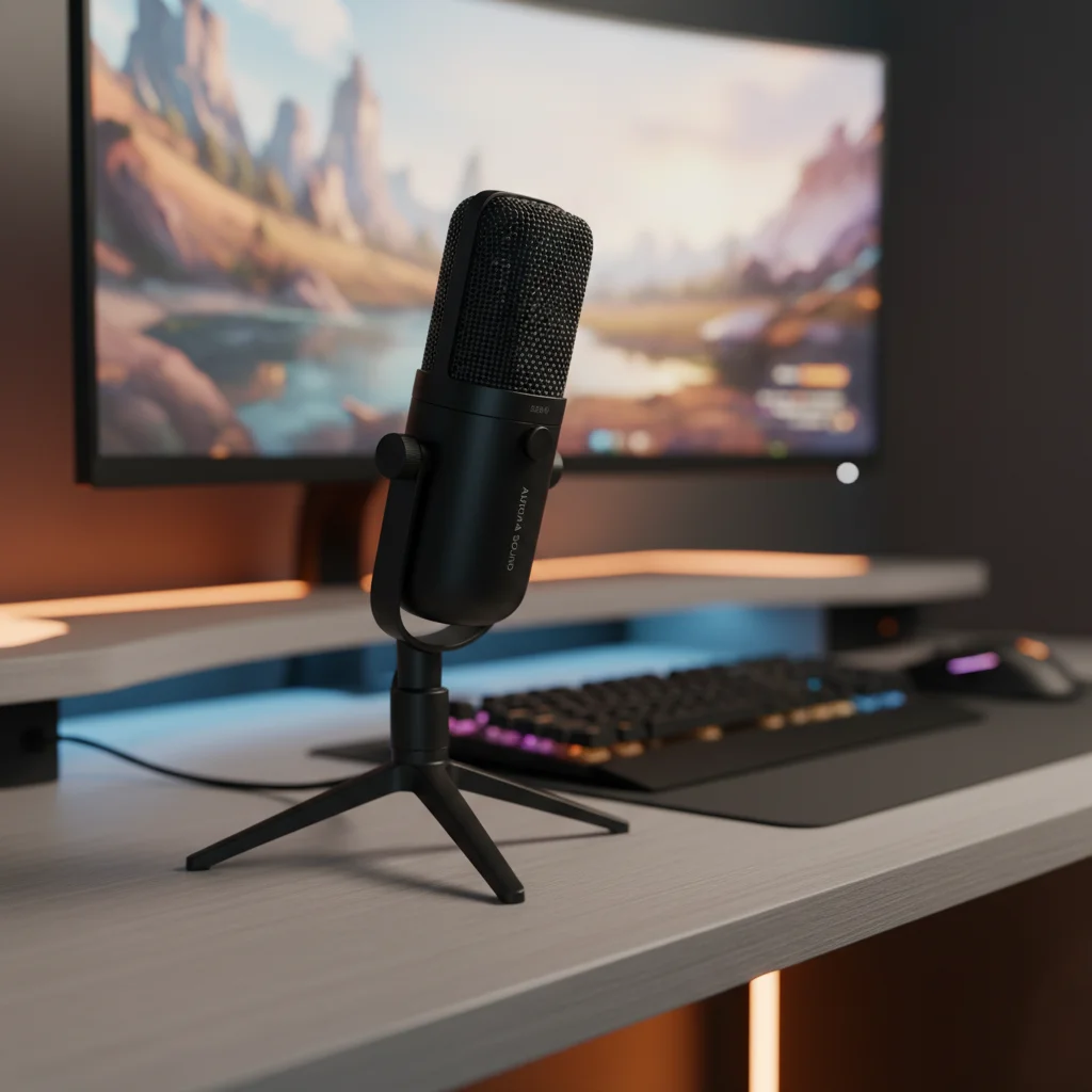 A modern, sleek budget streaming microphone prominently displayed on a gamer's desk setup, illuminated by soft LED lighting, with a gaming monitor in the background. Photographic style: professional product shot, detailed.