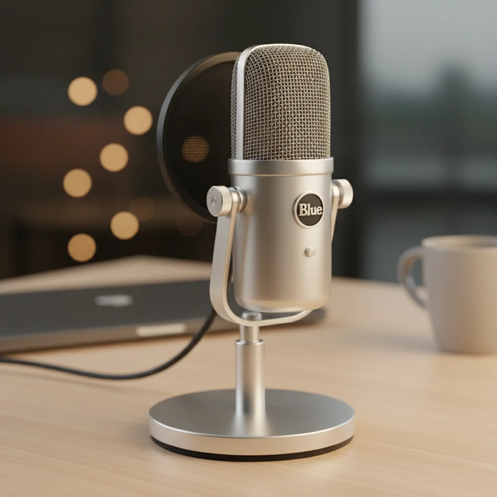 The iconic Blue Yeti microphone in its silver finish, positioned on a sturdy desktop stand, ready for recording, with a soft, diffused light highlighting its metallic surfaces. Photographic style: clean, professional, classic.