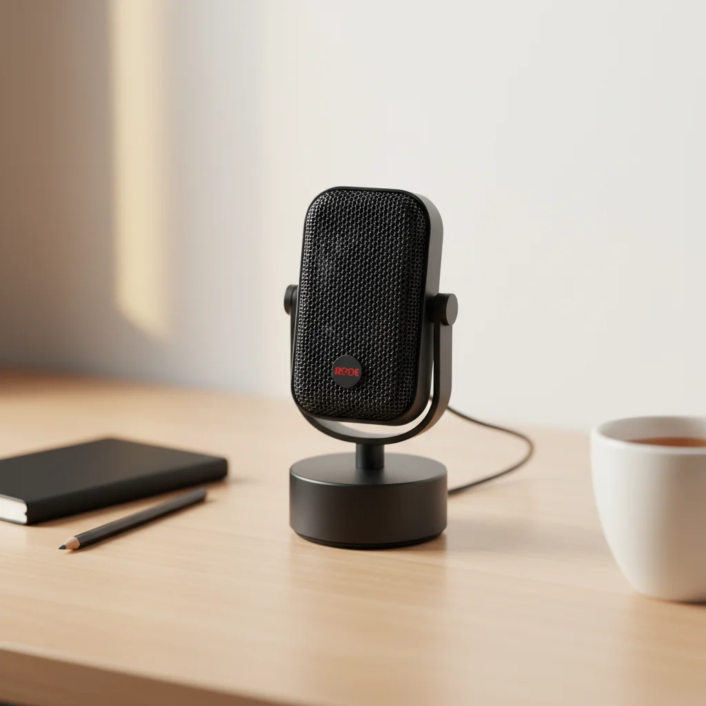The sleek and compact Rode NT-USB Mini microphone, standing on its magnetic desk stand, in a minimalist and clean desk setup. Photographic style: modern, clean, emphasizing small footprint.