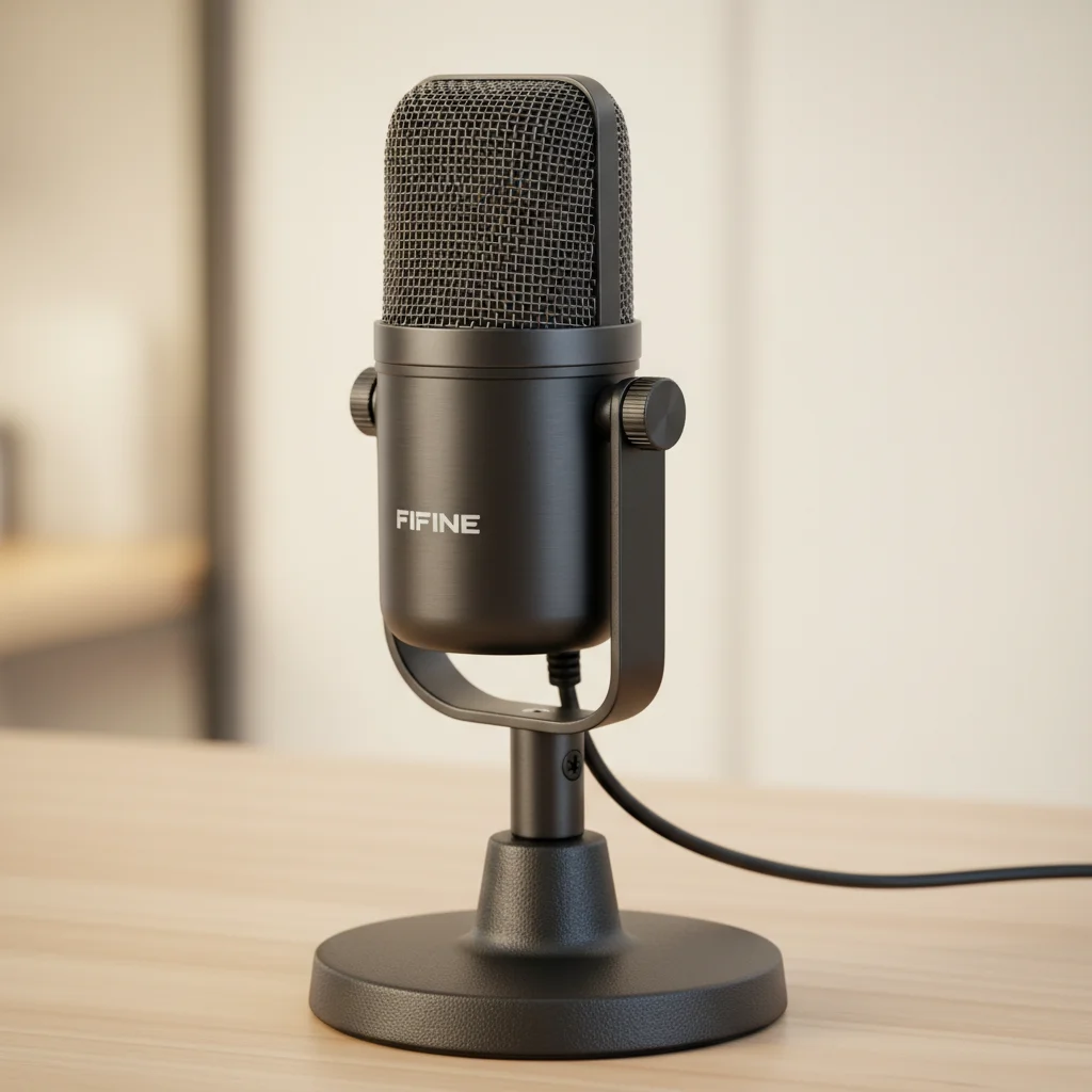 The sturdy FIFINE K678 USB microphone with its metal construction and integrated pop filter, standing on its heavy-duty desk stand, exuding reliability. Photographic style: functional, rugged, value-focused.