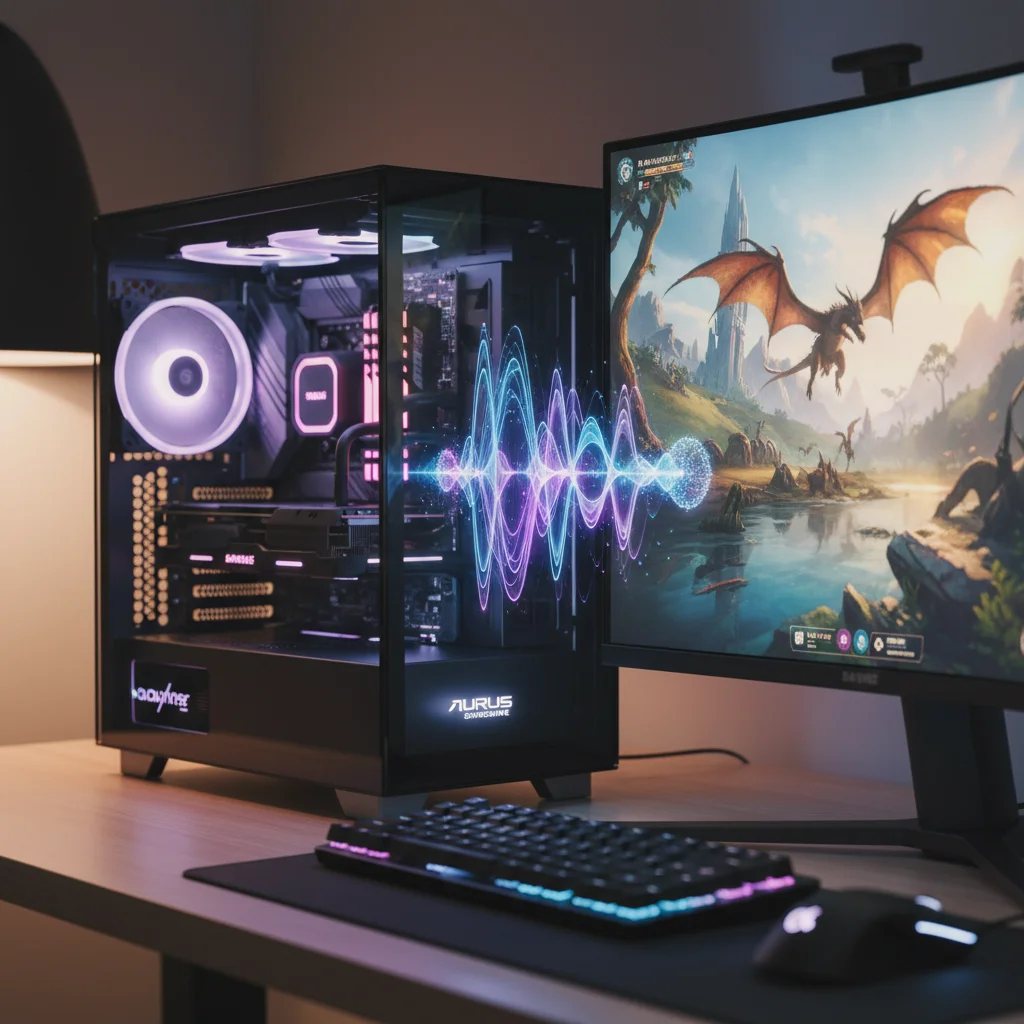 A futuristic gaming PC setup with glowing RGB components, a high-end monitor displaying an immersive game, and a holographic representation of a sound wave emanating from the PC, illustrating advanced audio technology for gamers. Studio photography style.