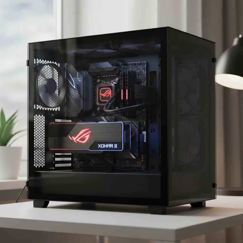 Angled view of the "ASUS ROG Xonar II Platinum" internal PCIe sound card installed in a transparent PC case, showcasing its black PCB, metallic shielding, and integrated RGB lighting that subtly illuminates the surrounding components.