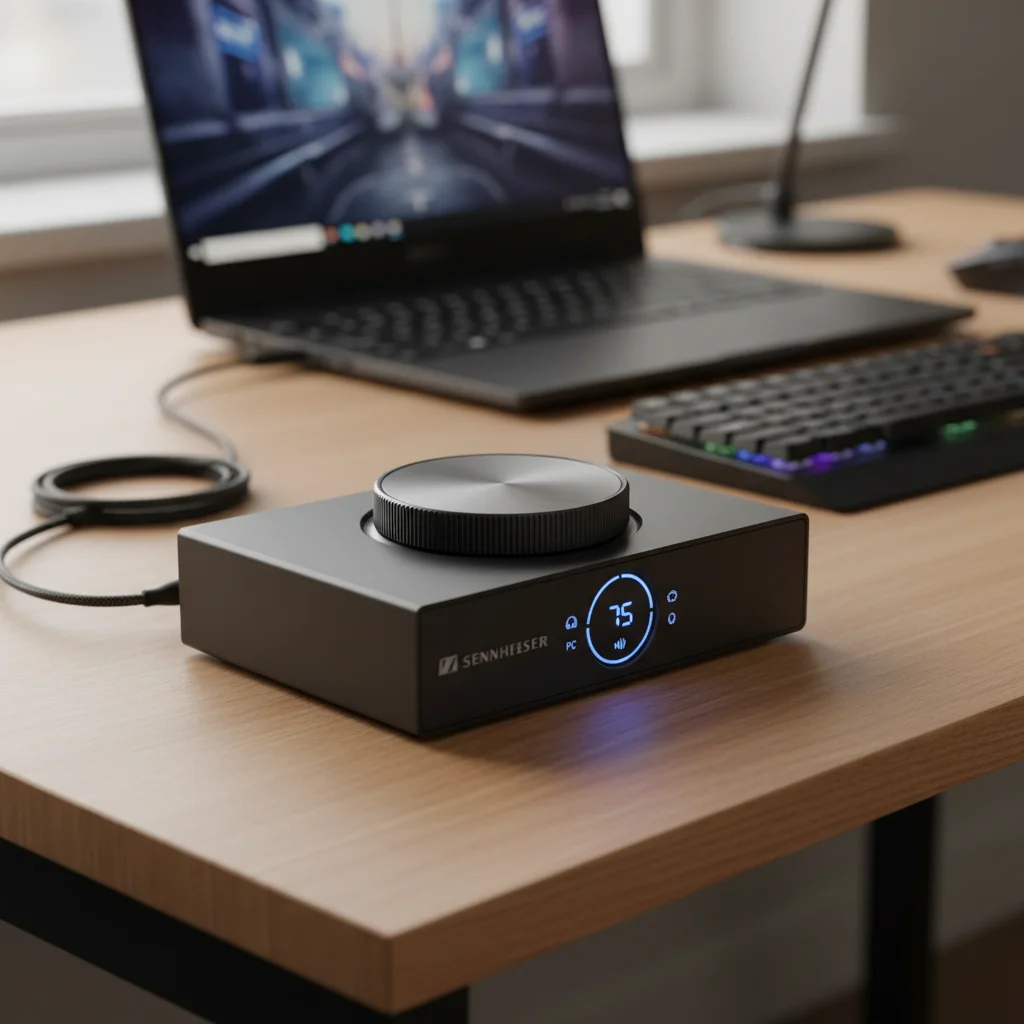 Product shot of the "Sennheiser GSX 1400 Pro" external sound card, highlighting its minimalistic black design with a large, tactile volume wheel and illuminated status display. The device is shown connected via USB to a gaming laptop on a desk.