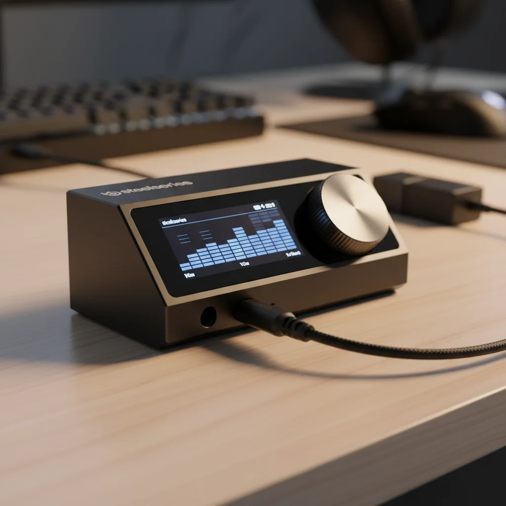 A professional shot of the "SteelSeries GameDAC Elite" external DAC/Amp, focusing on its intuitive OLED screen, large control knob, and the detachable cable interface designed for gaming headsets, highlighting its solid build.