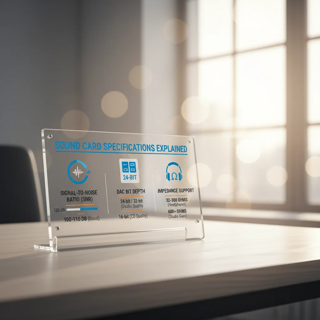 A visually engaging infographic illustrating key sound card specifications like SNR, DAC bit depth, and impedance support, presented with icons and clear labels in a clean, tech-blog style.