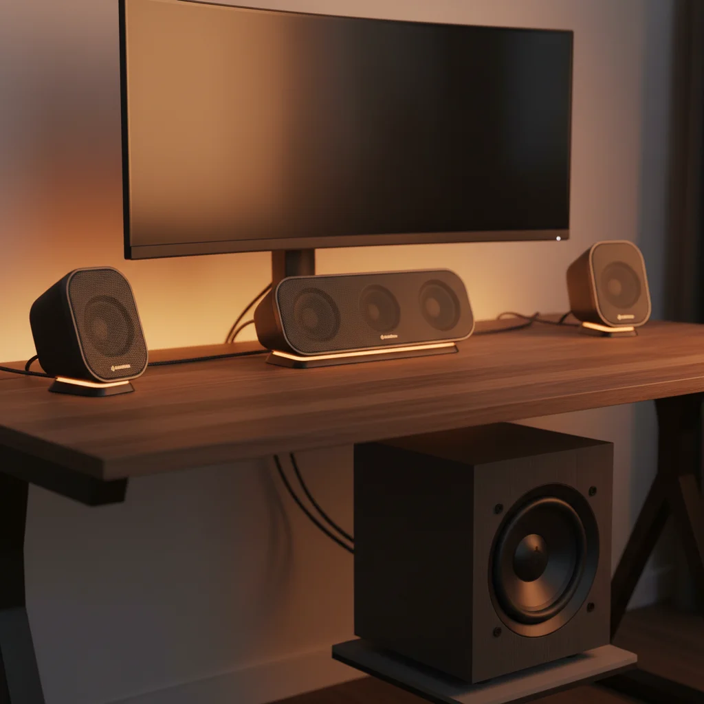 A complete SteelSeries Arena 9 Surround Sound System, showcasing two front speakers, two rear speakers, a central speaker, and a powerful subwoofer, all neatly arranged on a spacious gaming desk, bathed in soft, ambient lighting.
