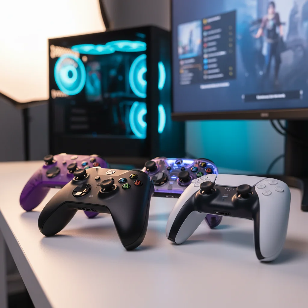 A diverse collection of modern PC gaming controllers, including an Xbox Elite, Sony DualSense, and a custom controller, laid out on a clean desk with a gaming PC in the background, studio lighting.