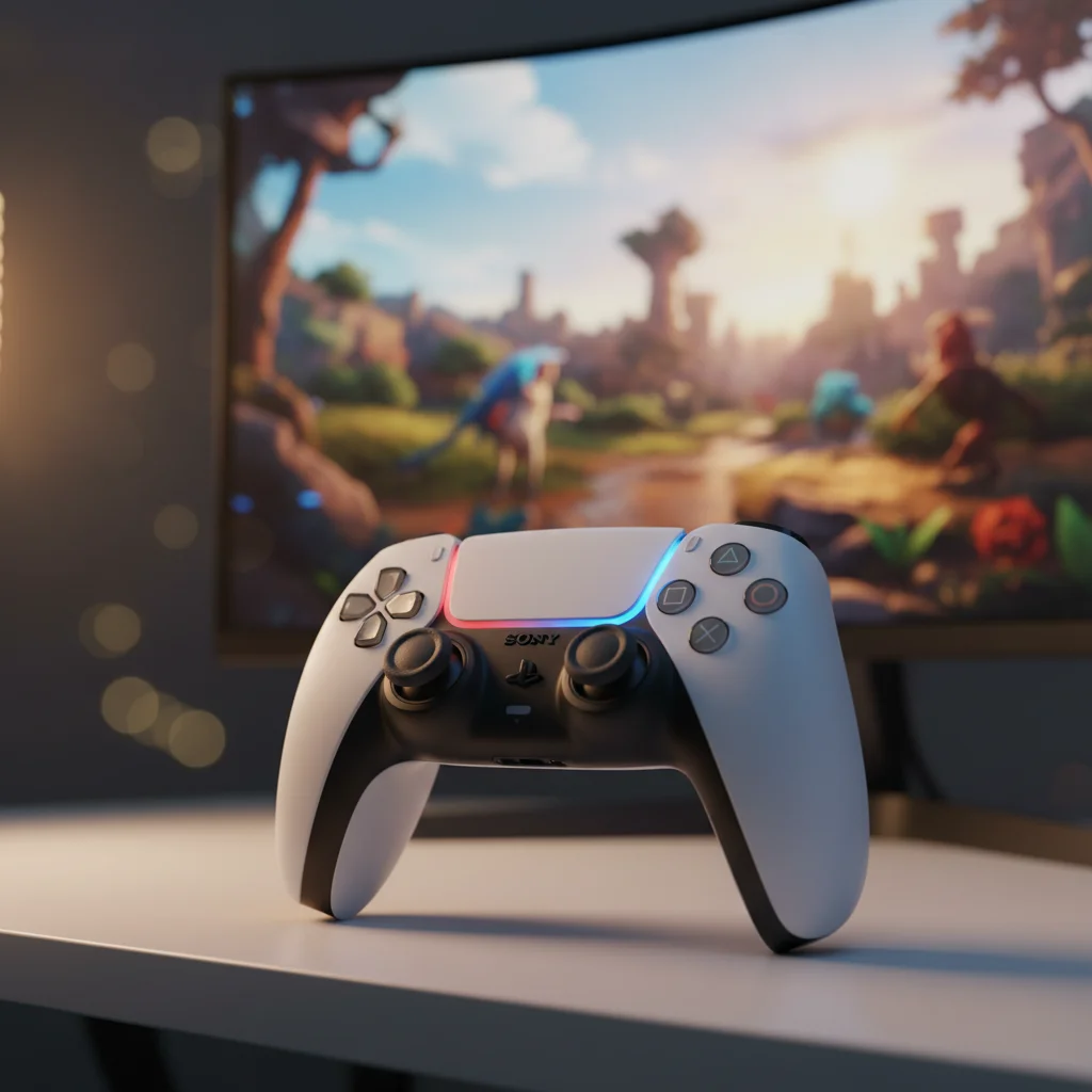 The Sony DualSense Wireless Controller glowing subtly, showcasing its innovative design and light bar, positioned near a gaming monitor with a vibrant game running, in a dynamic studio shot.