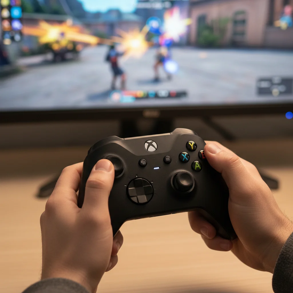 The standard Xbox Wireless Controller (Series X|S version) in carbon black, held comfortably in hands, with a vibrant PC game displayed on a monitor in the background, showing fluid gameplay.