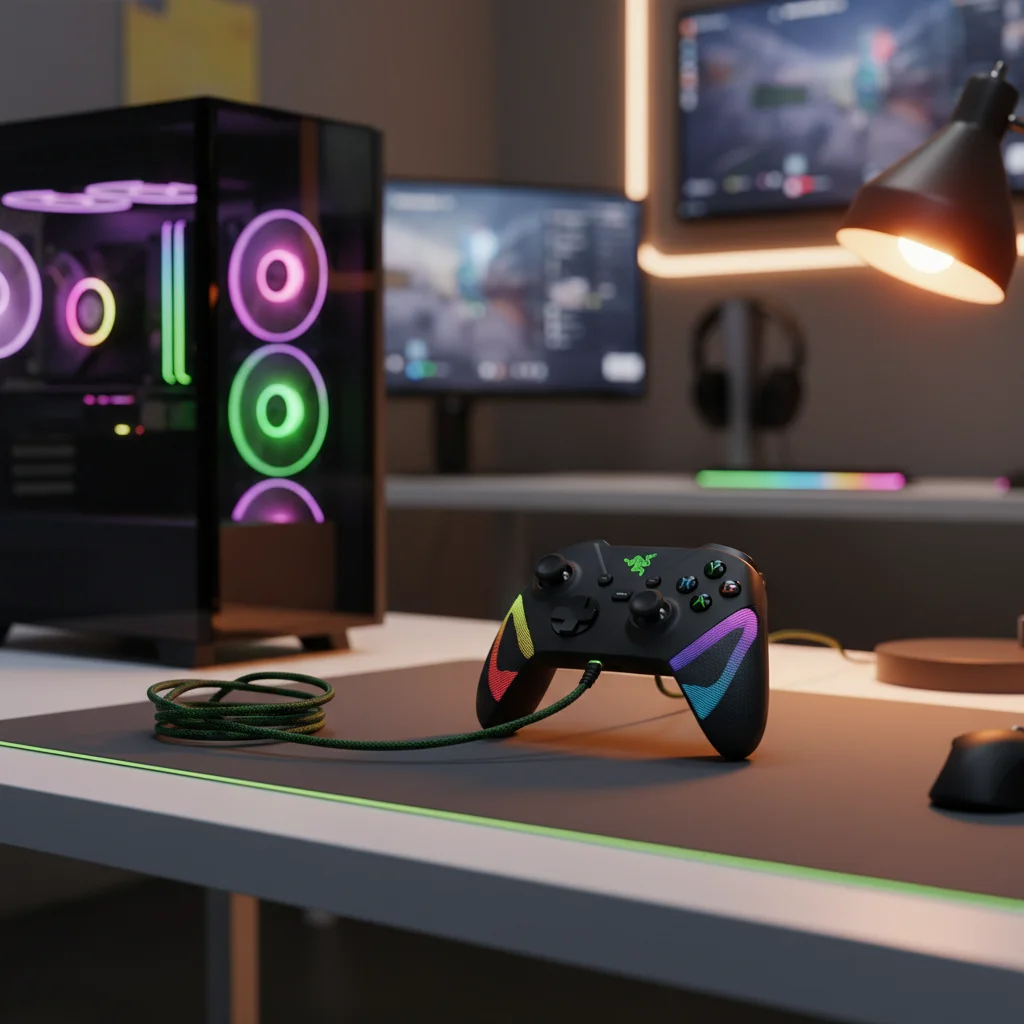The Razer Wolverine V2 Chroma controller with its signature RGB lighting, connected via its braided cable to a gaming PC, in a dark, atmospheric esports setup.