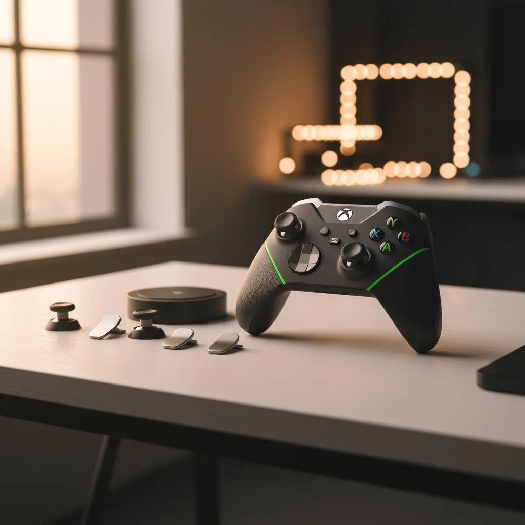 The Xbox Elite Wireless Controller Series 2 displayed prominently on a minimalist gaming desk, showcasing its interchangeable thumbsticks and paddles, in a sleek, high-end product shot.