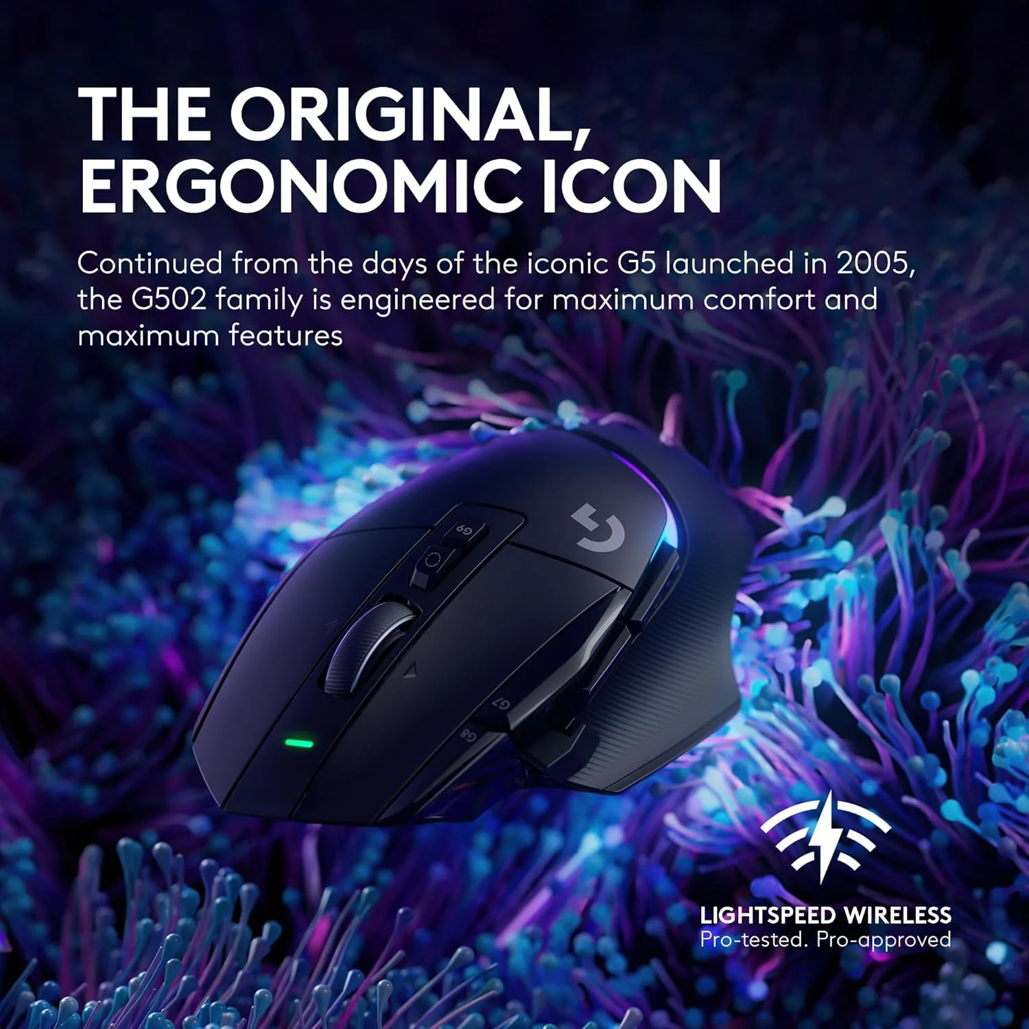 Logitech G502 X Plus gaming mouse with RGB lighting and visible programmable side buttons.